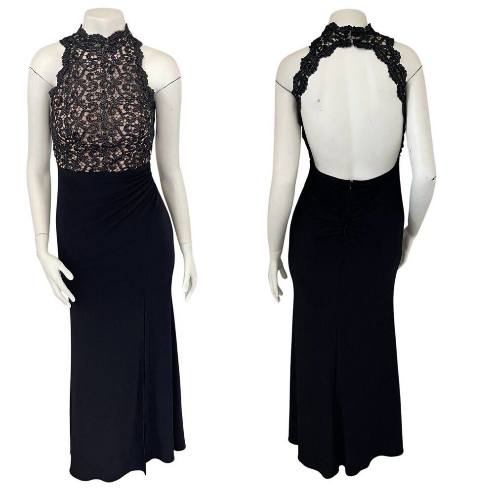 XSCAPE Lace Open Back Gown Long Maxi Dress Side Slits Black 2 Prom Wedding Guest